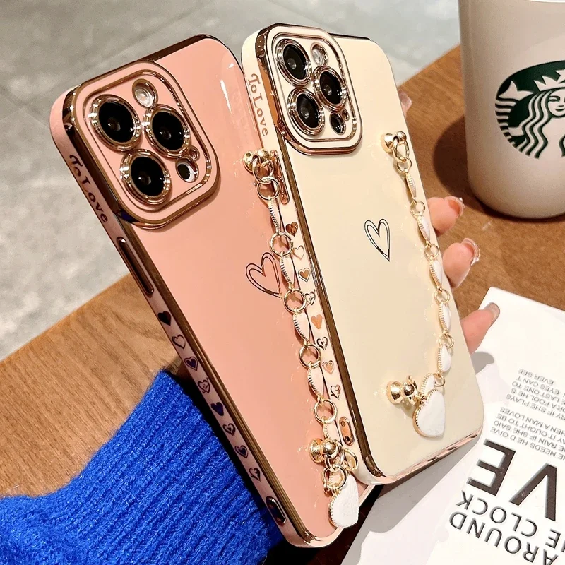 

Soft Electroplated Love Heart Case For iPhone 11 12 13 14 15 Pro Max XS X XR 7 8 Plus Bracelet Bumper Back Cover