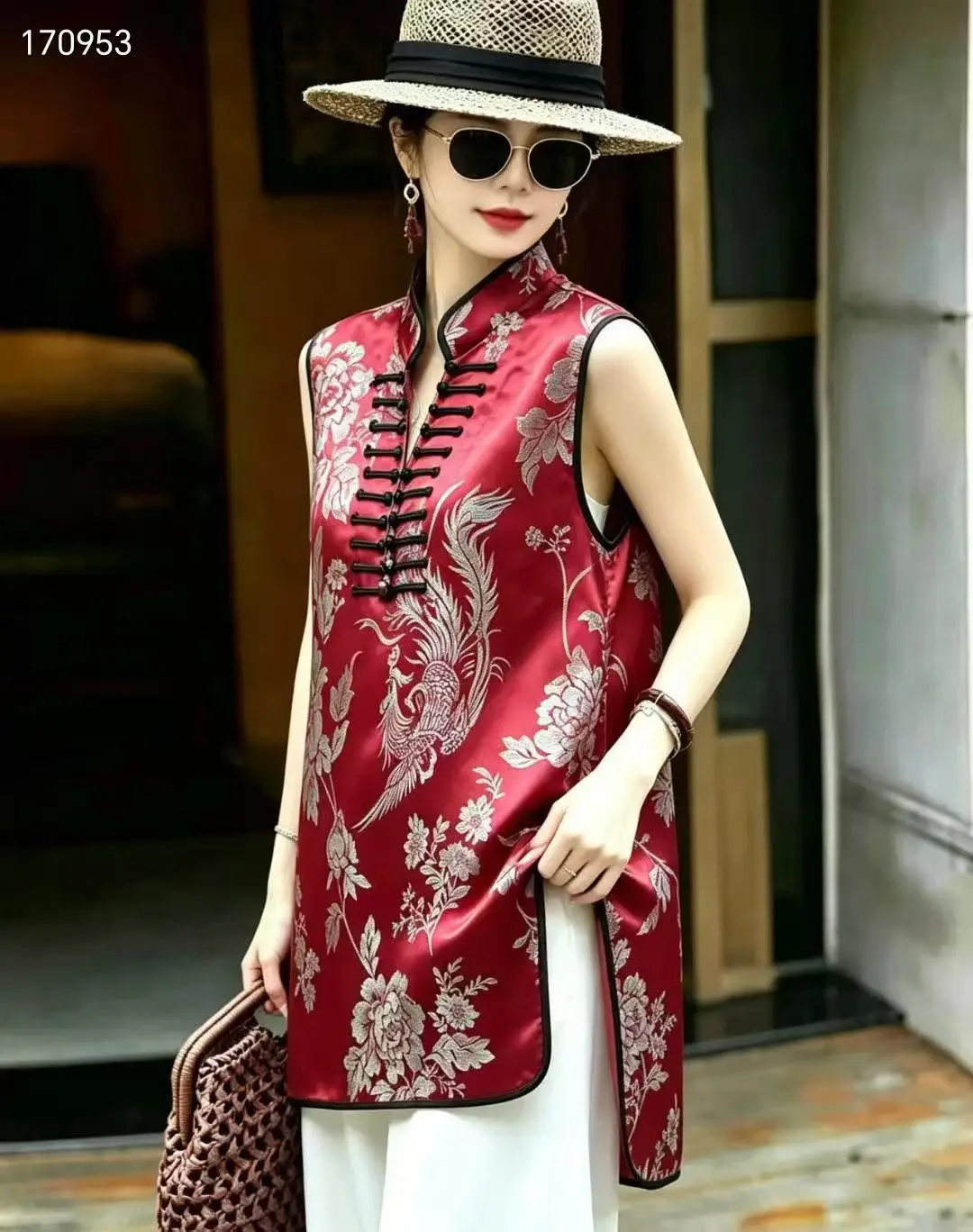 Summer New Chinese Style Single Breasted Design Not Positioned Phoenix Peony Silk Old Satin Jacquard Elegant Noble Women's Vest