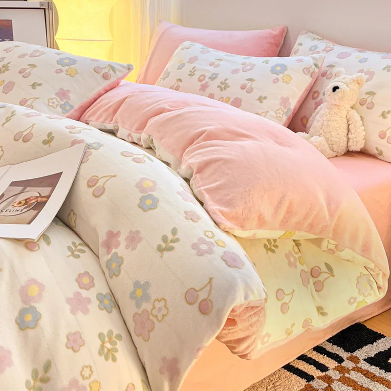 2025 new winter carved milk fleece four-piece set thickened coral fleece quilt cover flannel bedding