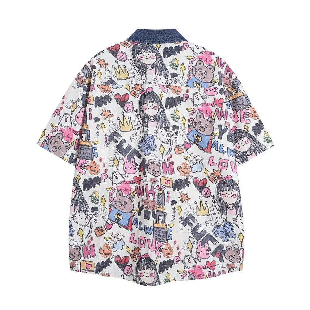 Large size American retro graffiti small short sleeve shirt female summer cartoon age loose half sleeve top