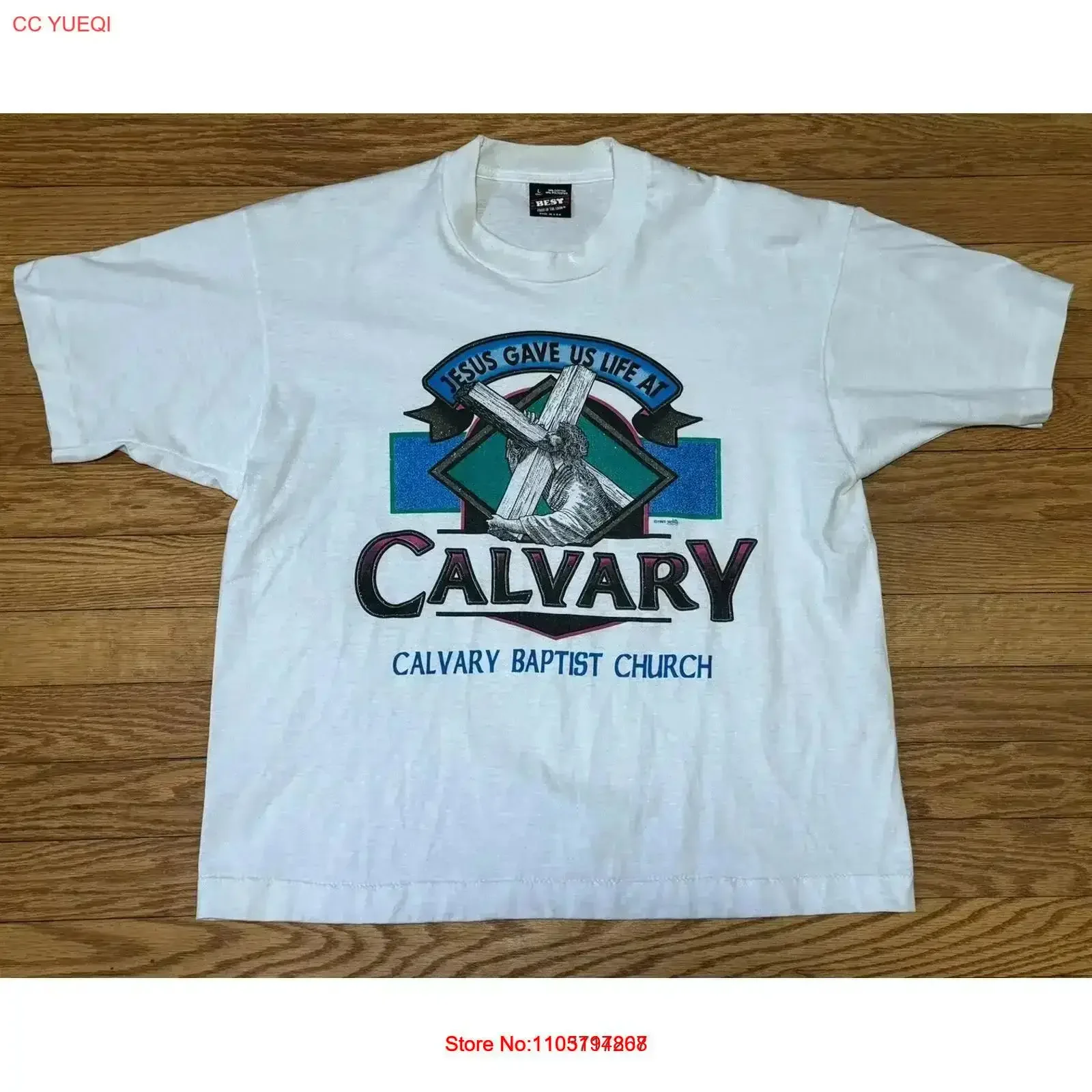

Vtg 90s 1993 Jesus Gave Us Life Cross Cavalry Church T Shirt Size L Cropped vintage Washed fashion graphic streetwear vintage