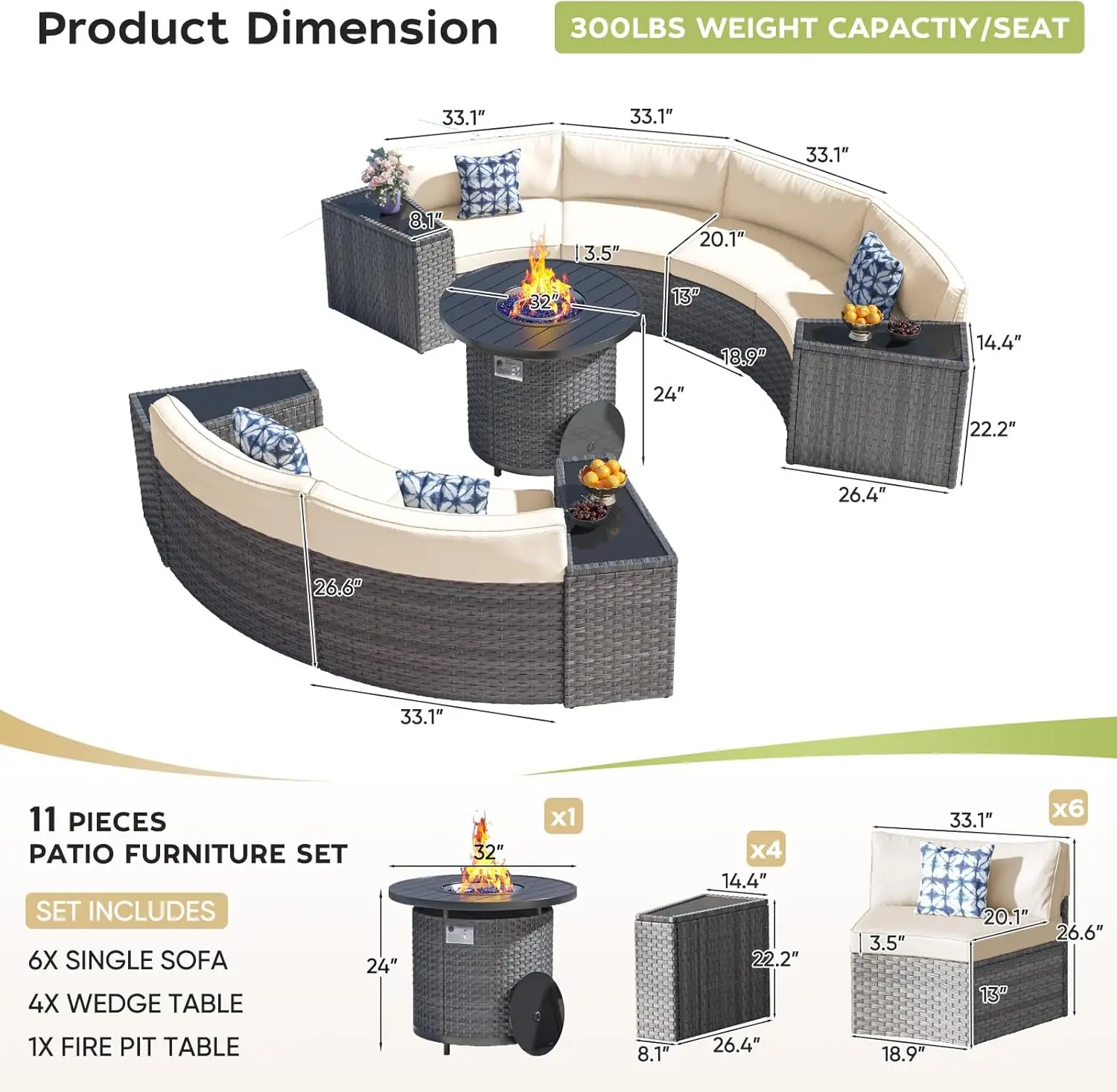 Patio Furniture Set with 32" Fire Pit Table, 11 Pieces Half-Moon Curved Outdoor Sectional Sofa & Side Table Waterproof Cover