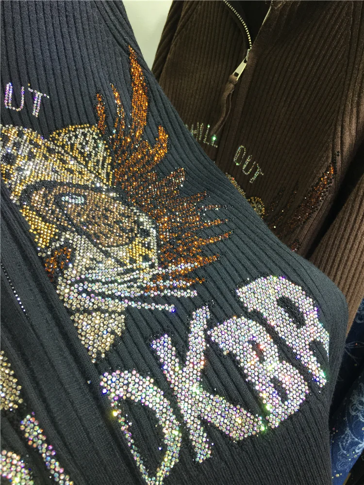 

Leopard Thickened Warm Heavy-duty Rhinestone Knit Jacket Women's Zipper Knitwear Cardigans High-neck Sweater Autumn Winter