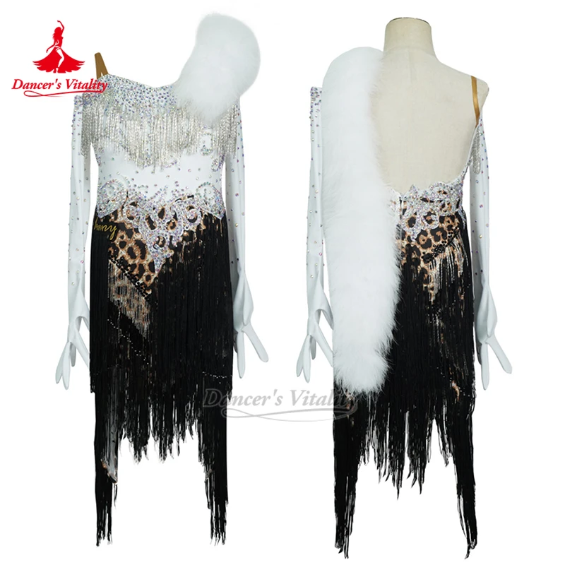 Adolescent Rumba Jive Feather Style Tassels Dress with Gloves Customize Adult Latin Dance Competition Clothes Dancer's Vitality