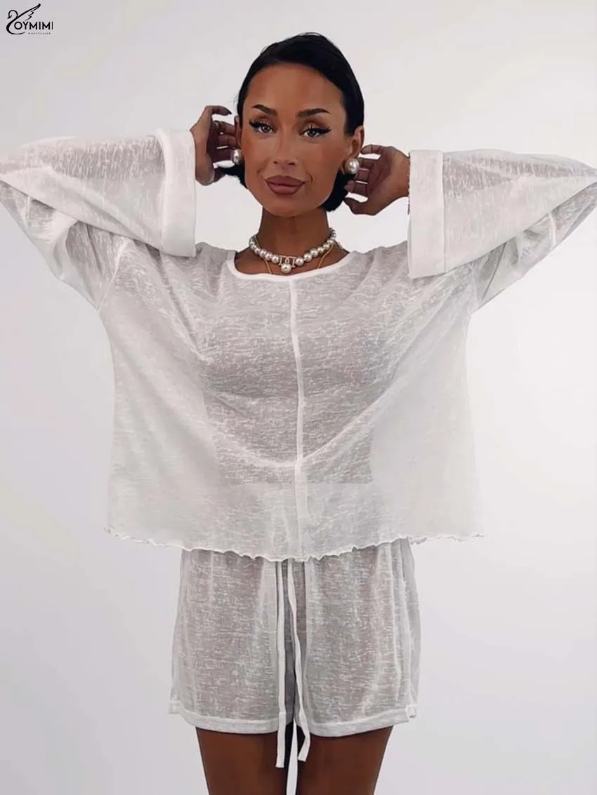 Oymimi Fashion White Knitting 2 Piece Sets Woman Outfit Casual O-Neck Long Sleeve Translucent Tops And Drawstring Shorts Sets
