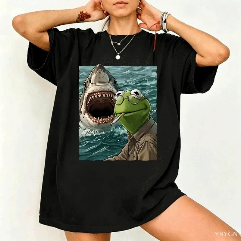 Vintage Frog Kermits Smoking Meme T-Shirt Women Crew Neck Pure Cotton T Shirts Shark Attack Short Sleeve Tee Shirt Clothes Tops