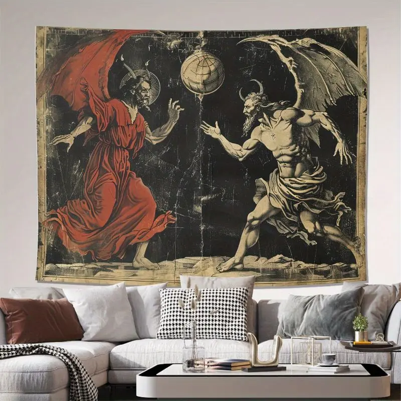 VIKAMA Vintage Retro Angel Devil Confrontation Planet Dark Tapestry, Gothic Wall Art for Bedroom Living Room Dorm