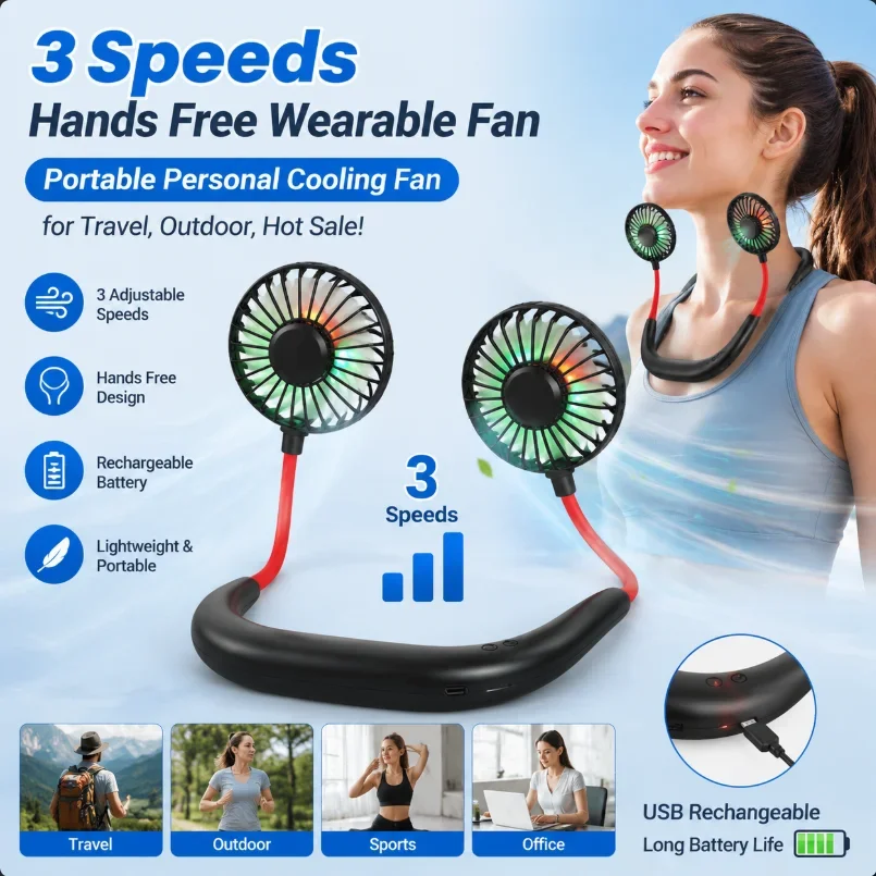 Hands Free Portable Neck Fan Rechargeable Mini USB Personal Fan Battery Operated with 3 Level Air Flow for Sports Travel Outdoor