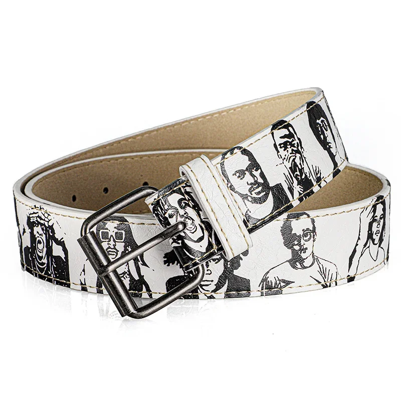Rapper Printed Hip-Hop Street Belt Adjustable PU Leather Waistband Fashion Versatile Rock Rep Persona Pin Buckle Belt Men Women