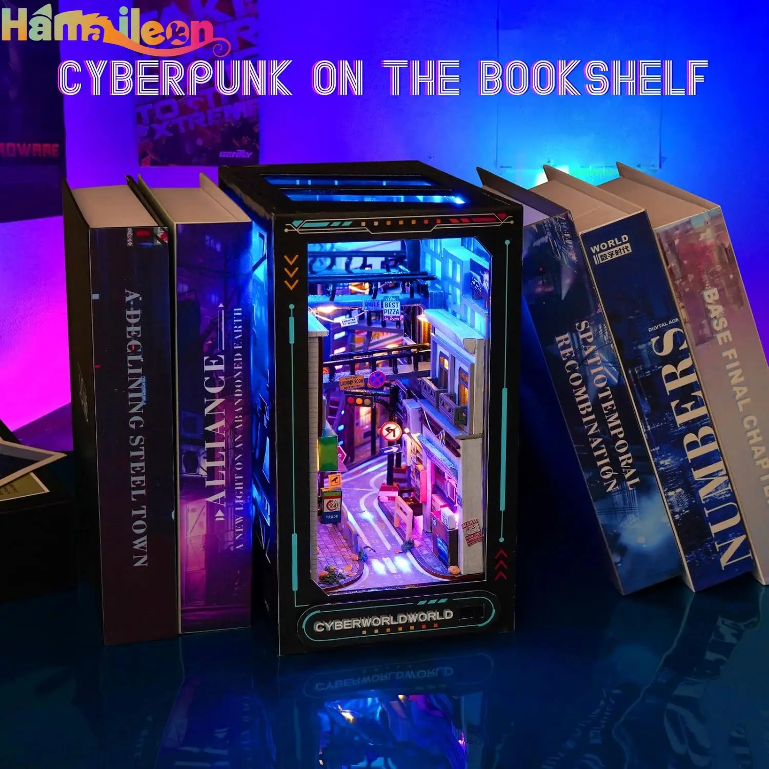 Hamaileon DIY rompecabezas de madera 3D Kit de rincón de libros, modelo de sujetalibros decorativo de inserción de estantería con luces LED (Cyberpunk)