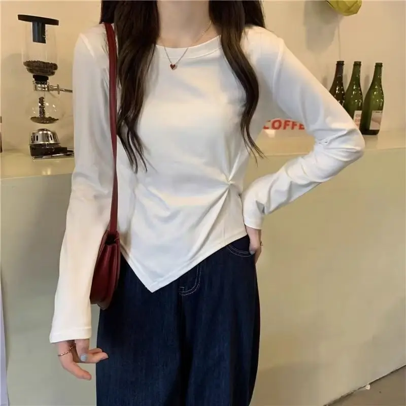 Solid Cotton Long Sleeve Tee Side Twist Irregular Hem Slim Inner Top For Women Autumn Winter