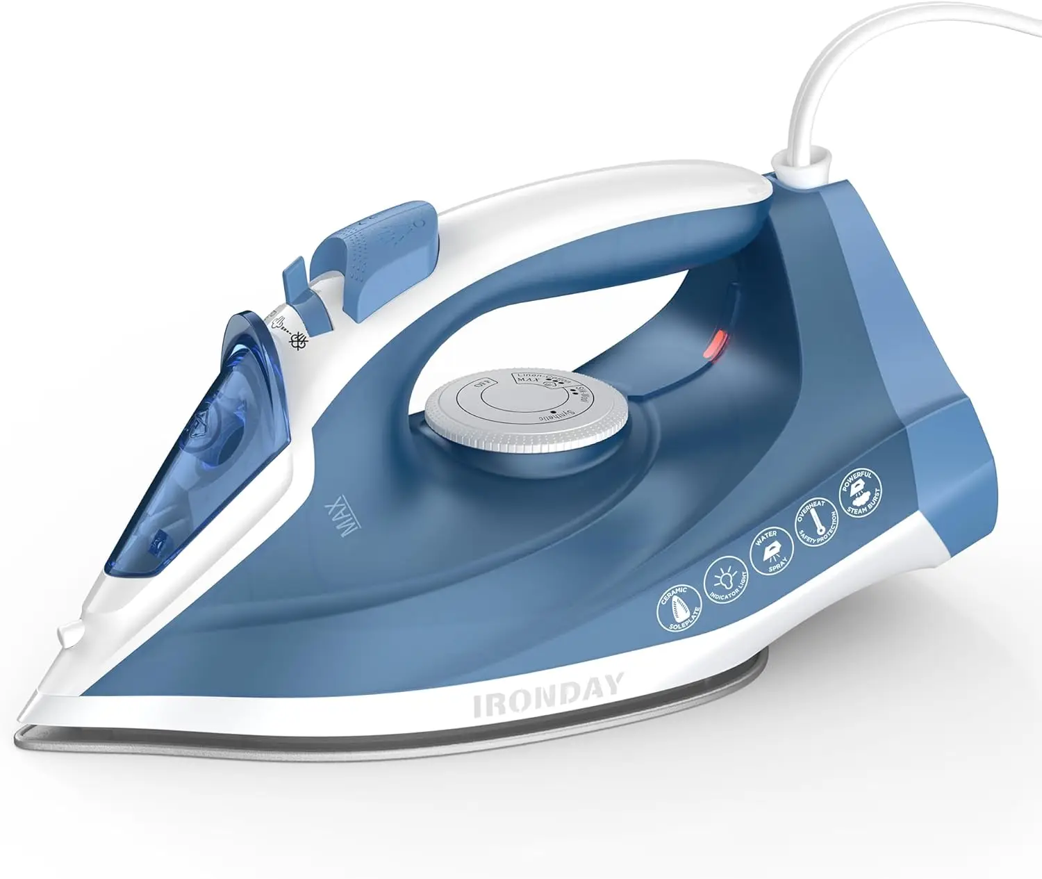 

Fast Heating 1200W Steam Iron, 7.03oz Non-Stick Ceramic Soleplate, Self-Cleaning, Blue