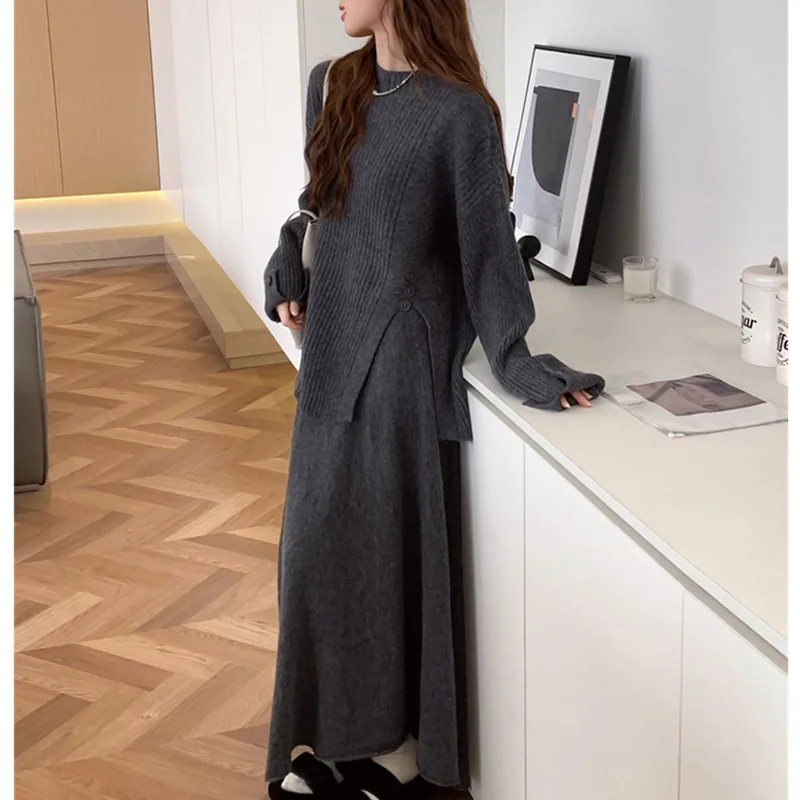 Round Neck Sweater And A-line Long Skirt Sets Three Button Knit Women Pullovers +loose Skirt Casual Fall Witer Two Piece Set