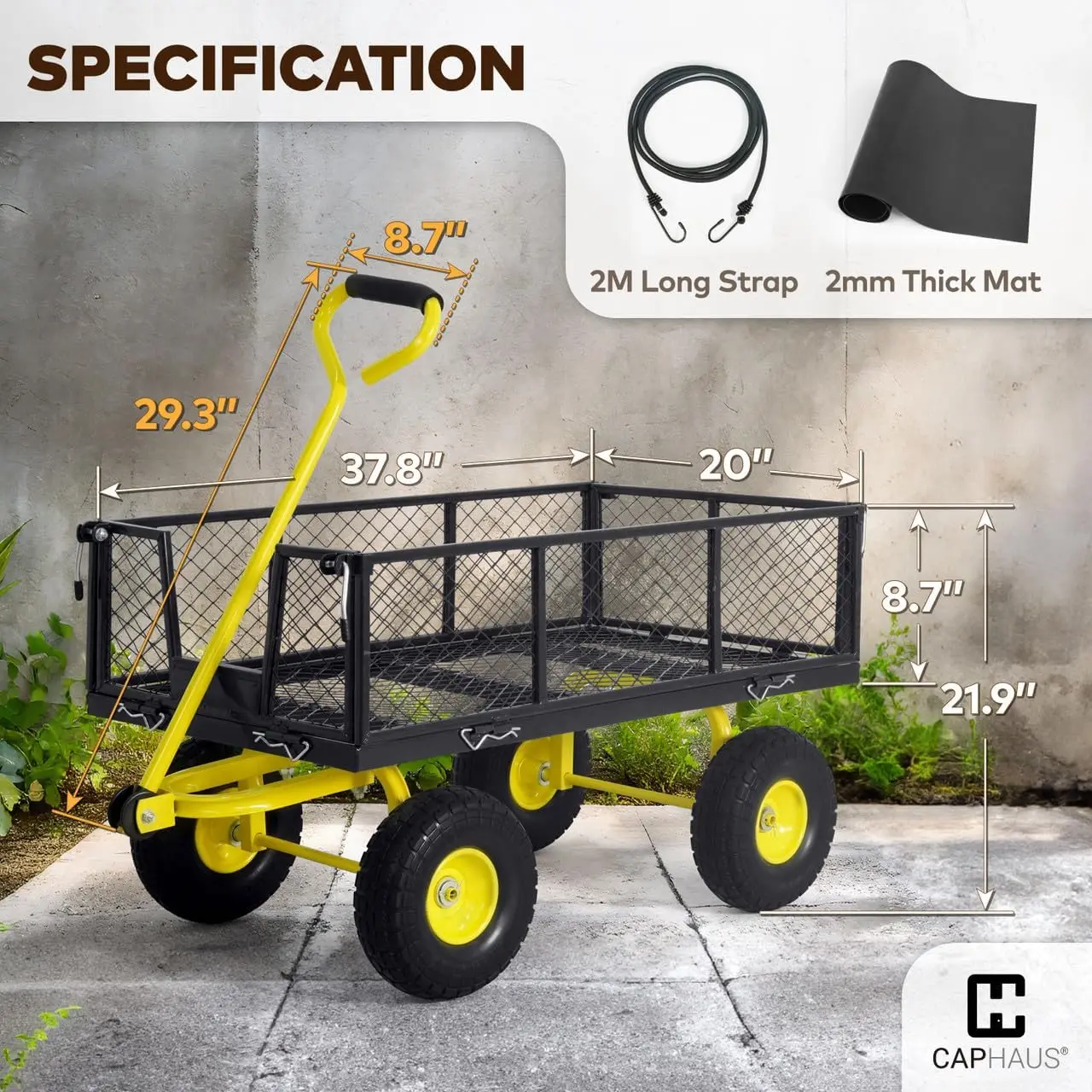 Metal Black Garden Cart, w/ 180° Adjustable Yellow Handle, w/Mat and Strap, Heavy Duty 880 lbs Capacity, w/ 10” Flat-Fre