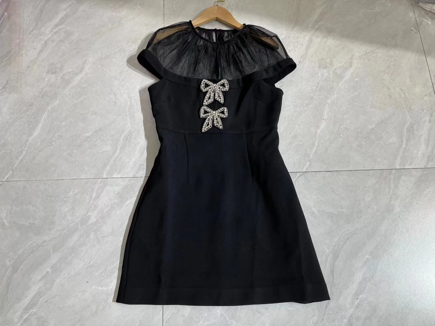 Perspective Stitching Women Black mini Dress Diamond Beaded Bow Decorated Lady slim dress