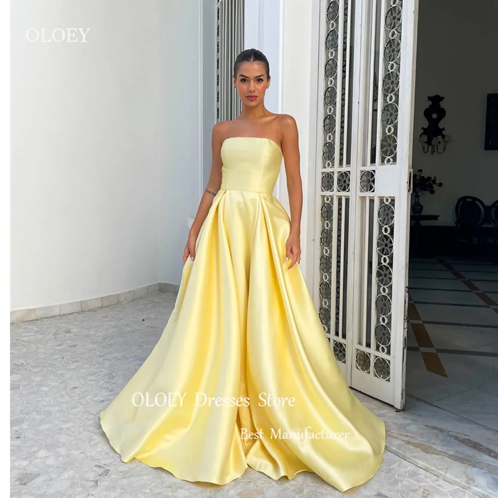 OLOEY Simple A Line Yellow Evening Dresses For Women Strapless Floor Length Prom Gowns Formal Party Occasion Dress vestidos