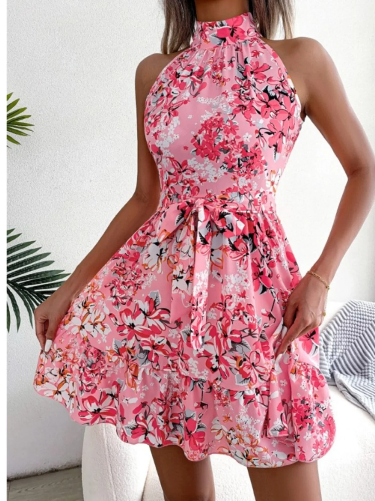 Zomer nieuwe straat Sle bloemenprint jurk Ne hangende Svel Dr met taille Cinching Lace up oulder blote zoom rok