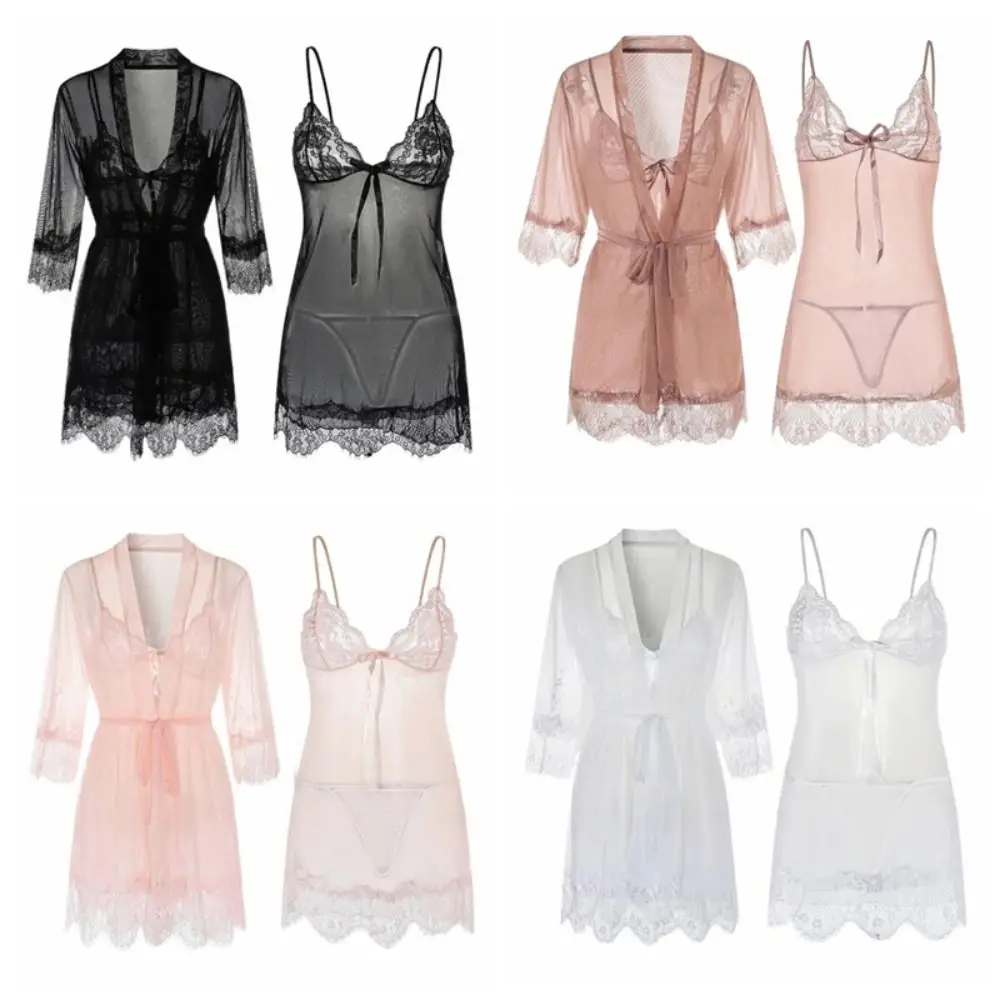 

Transparent Lace Suspender Nightdress Backless Ice Silk Mesh Sling Nightgown Women Lingerie Deep V Neck Sleepwear Robe Set Lady