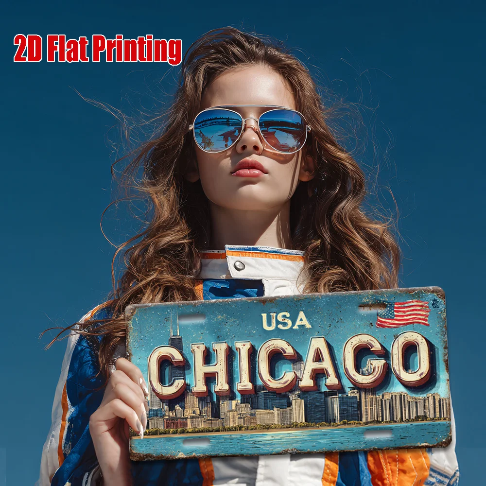 Metal License Plate - Chicago Skyline Aluminum Sign,  Outdoor Wall Decor with American Flag & Cityscape Design, Perfect for Livi