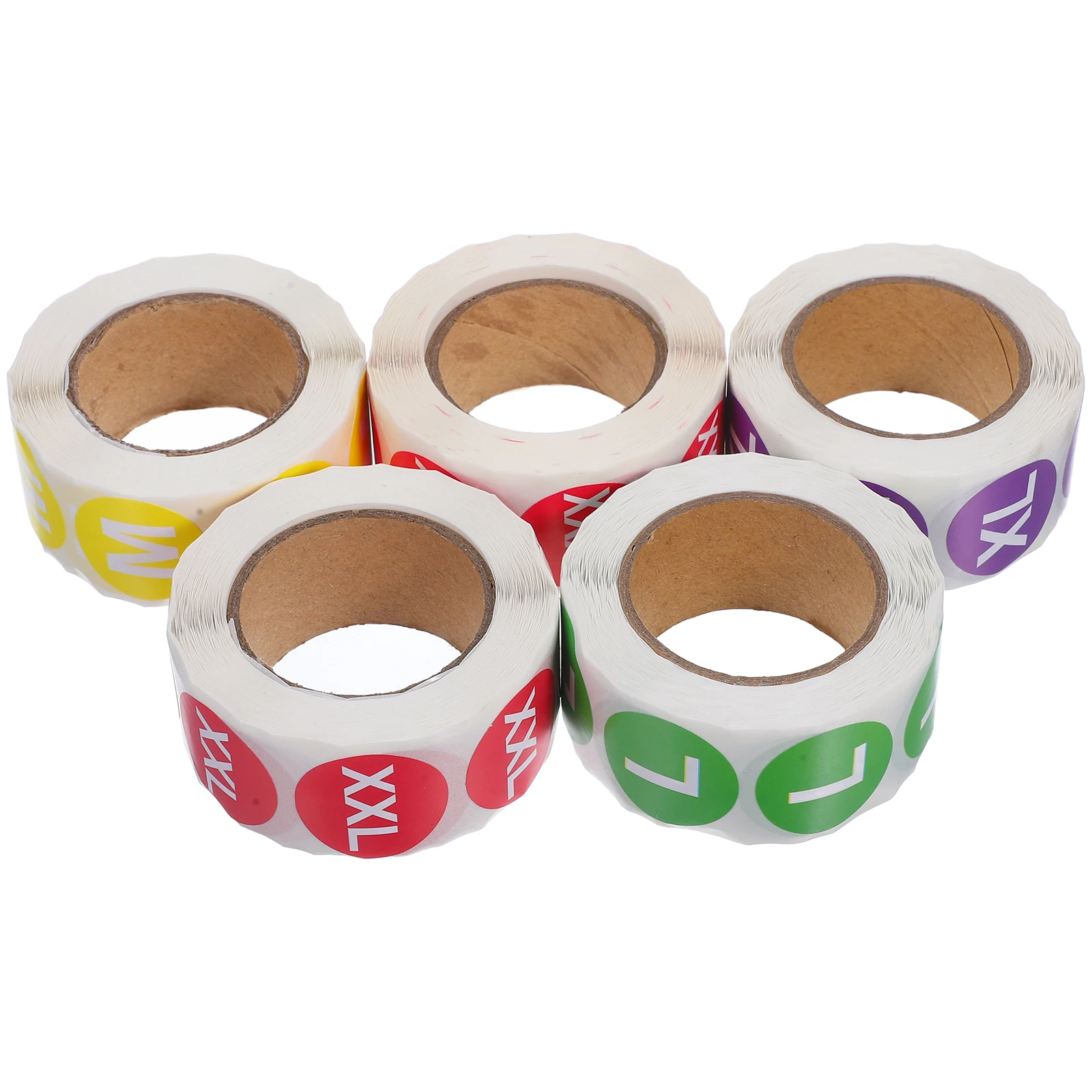 

5 Rolls Multicolor Size Stickers Colored Labels for Clothing Round White Text Adhesive Tags S to XXXL Bulk Packaging