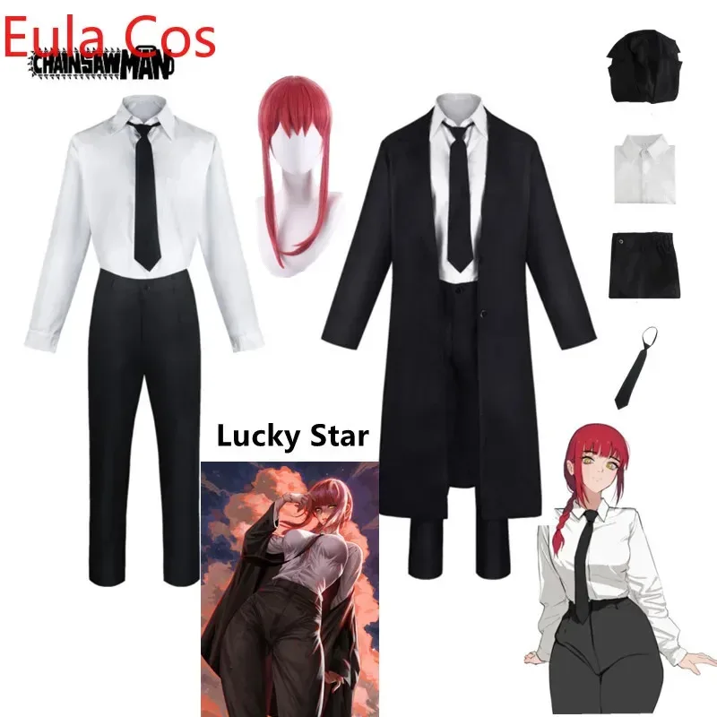 Makima-Disfraz de motosierra de Anime para hombre, gabardina negra, camisa, pantalones con lazo, peluca Makima, uniforme largo trenzado rojo claro para hombre y mujer