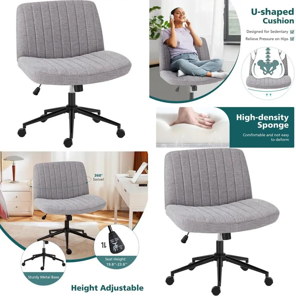 

Wide-Legged Swivel Office Desk Chair with Adjustable Arms and Fabric Upholstery for Comfortable Home or Computer Use in Gray