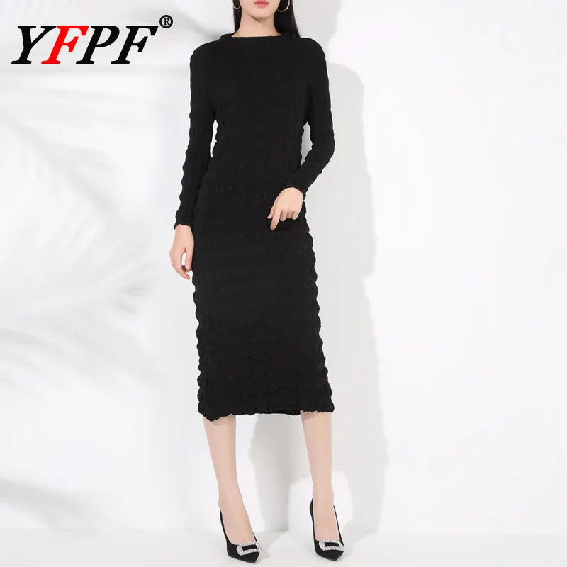 

YFPF Miyake плиссированное дизайнерское длинное платье для женщин, однотонное тонкое элегантное вечернее платье, повседневное осеннее платье 202, новая одежда
