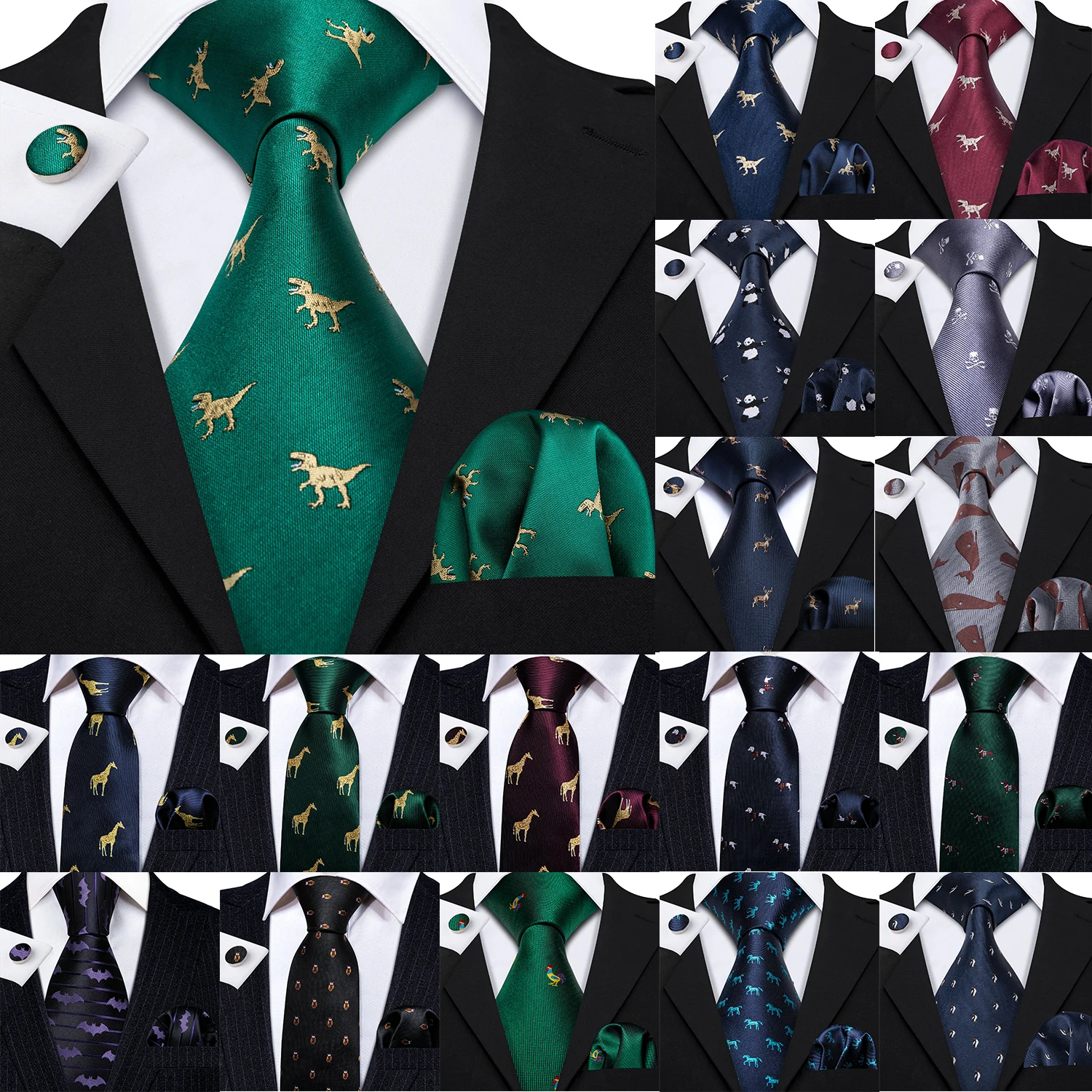 Barry.Wang Jacquard Animal Silk Mens Tie Hanky gemelli Set Dinosaur Chick Horse Dog Panda skull Necktie per la festa nuziale maschile