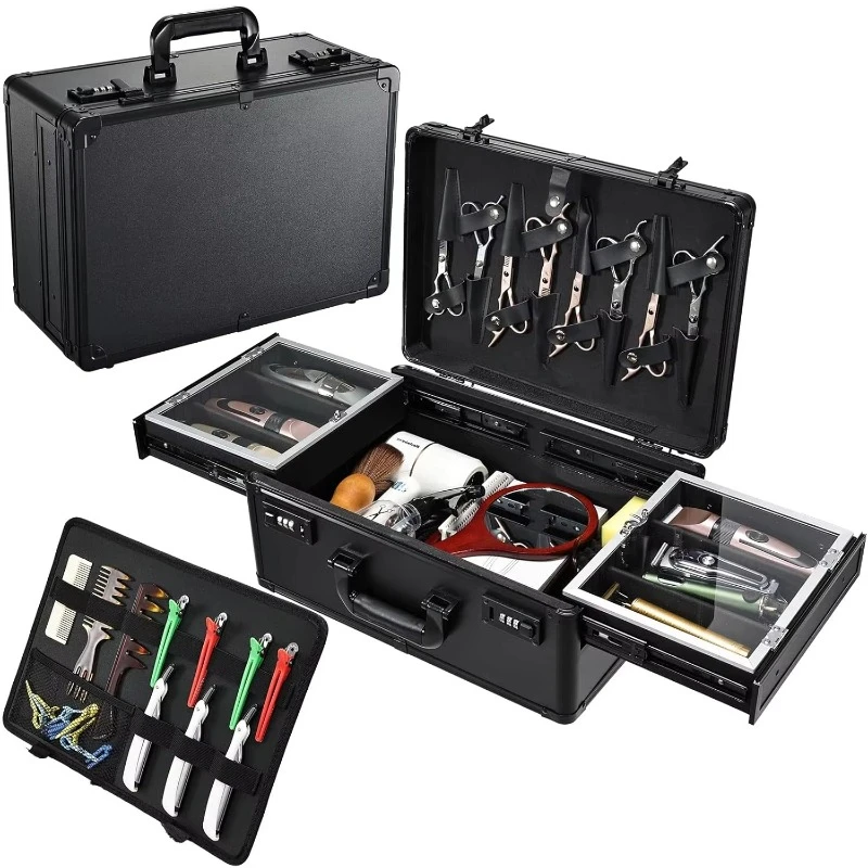 Barber Case 6 Clippers Sliding Tray Stylist Hairdressing Tool Box Clipper Trimmer Organizer Metal Storage Box Portable Suitcase