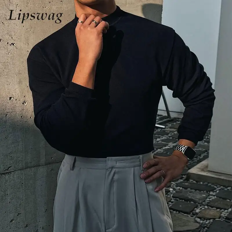 

Fashionable Mens Knitting T-shirts 2025 Spring Autumn Vintage Solid Color Bottoming Sweater Men Casual Turtleneck Knit Jumpers