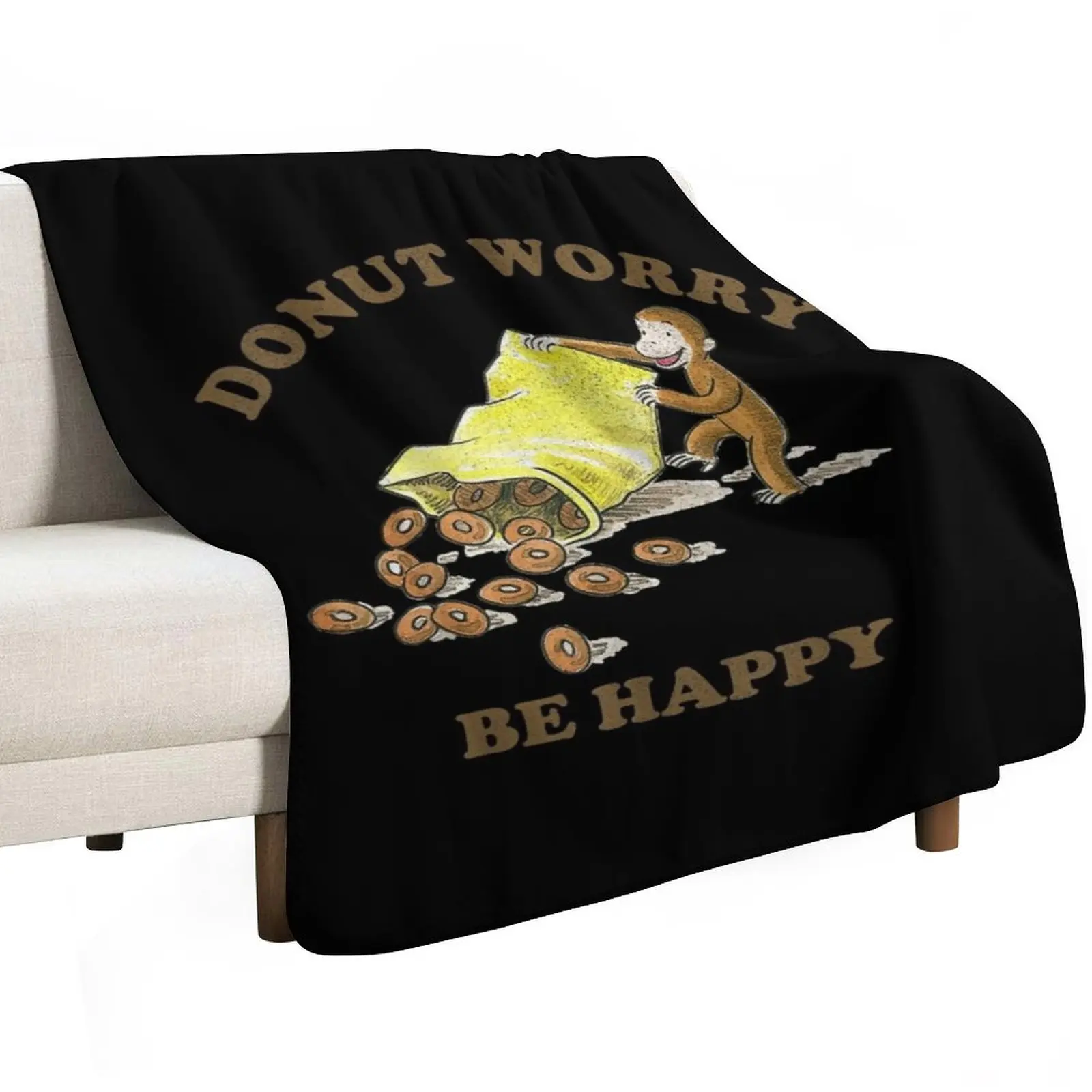Curious George Donut Worry Be Happy Bag Of Donuts Throw Blanket Flannels Flannel Fabric Warm Picnic Large Camping Blankets