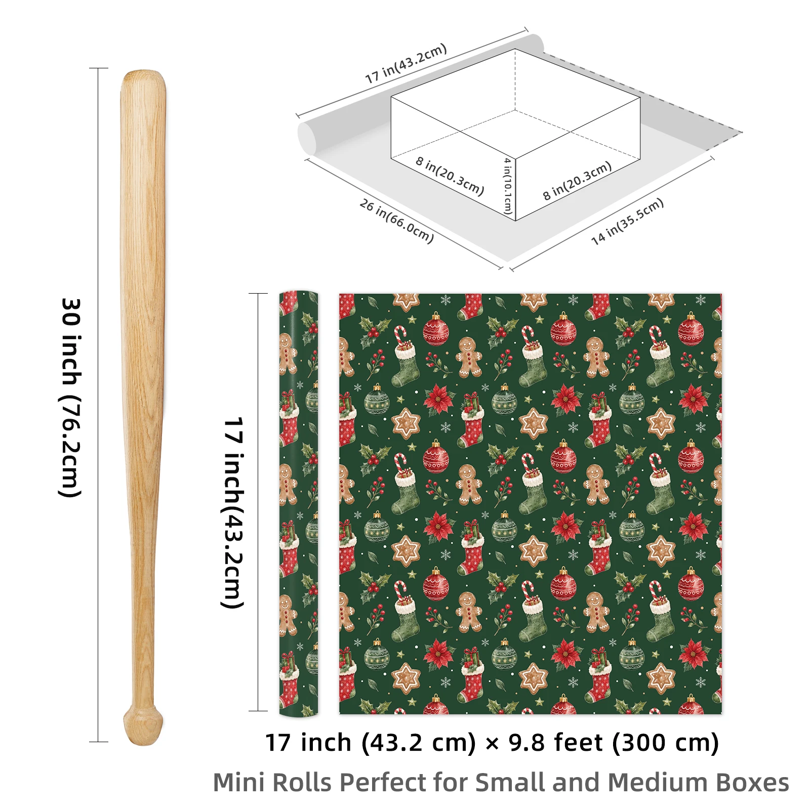 1 Roll of Christmas and New Year Gift Wrapping Paper, Classic Dark Green Background with Watercolor Style, Christmas Stockings, Gingerbread Man, Star Cookies, Poinsettia Balls, Candy Cane Prints, Holiday Gift Box Decor