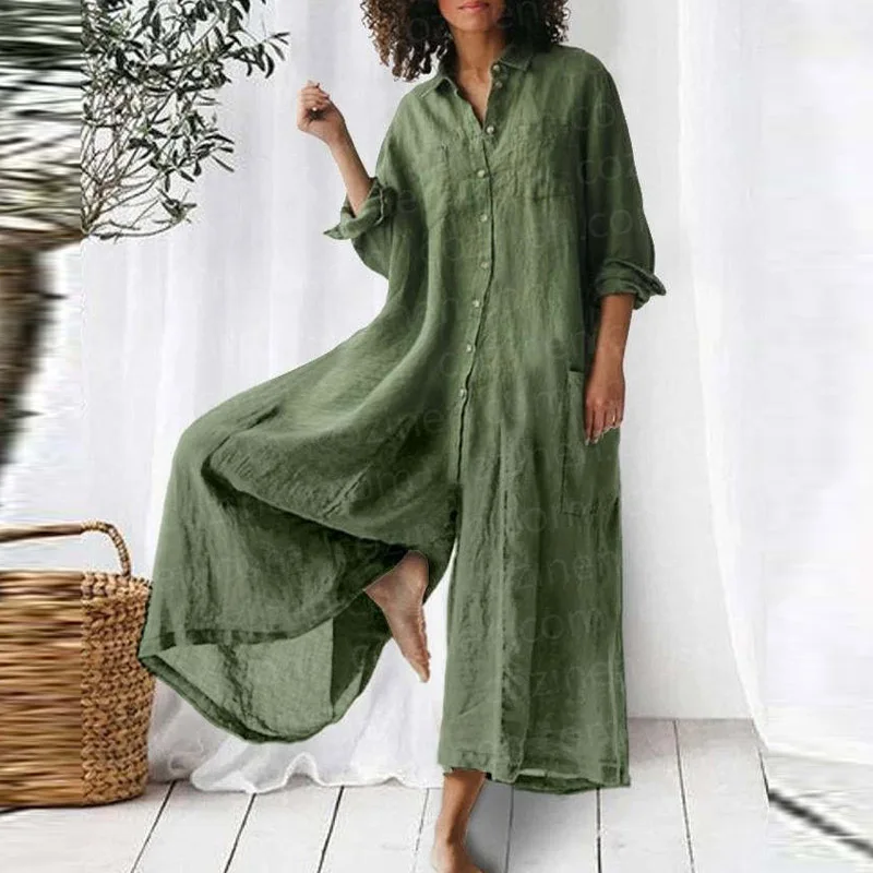 Spring Button Lapel Shirts Long Sleeve Jumpsuit Women Retro Solid Loose Cotton Playsuit Summer High Waist Wide Leg Pants Overall