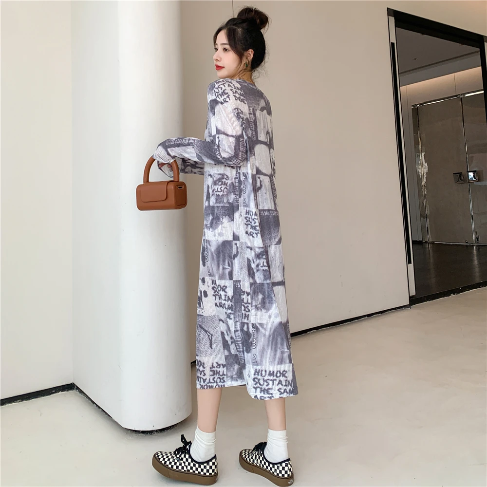 NYFS 2023 Autumn New Woman Dress Vestidos Robe Elbise Knitting Loose Plus Size Long Sleeve Vintage Print Long Dresses