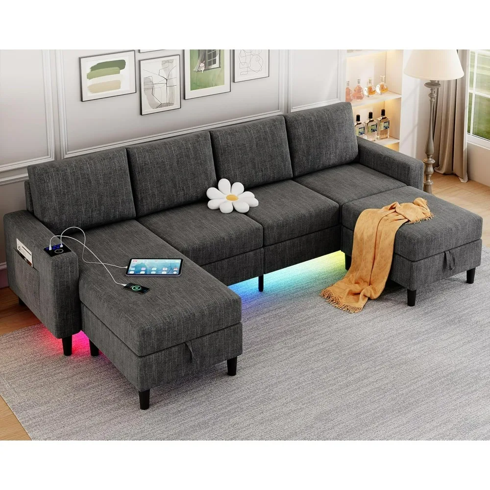 Sectional Couches, Reversible Chaise Lounge/Storage Ottoman, Smart Module-Wireless Charging/USB/Type-C/RGB Light, U Shaped Couch