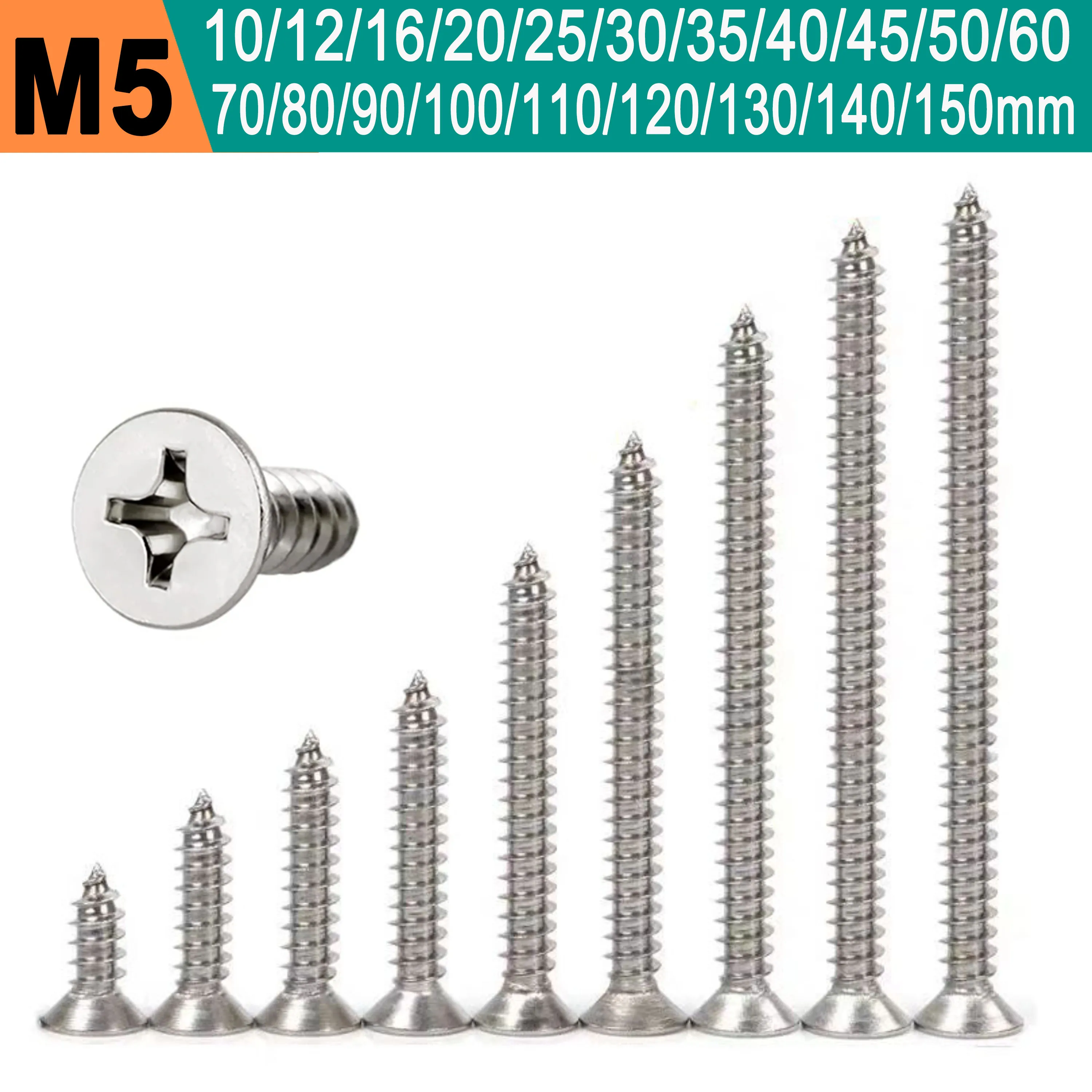 

M5*10/12/16/20/25/30/35/40/45/50/60/70/80/90/100/110/120/130/140/150mm Flat Head Self Tapping Screw Phillips 304 Stainless Steel