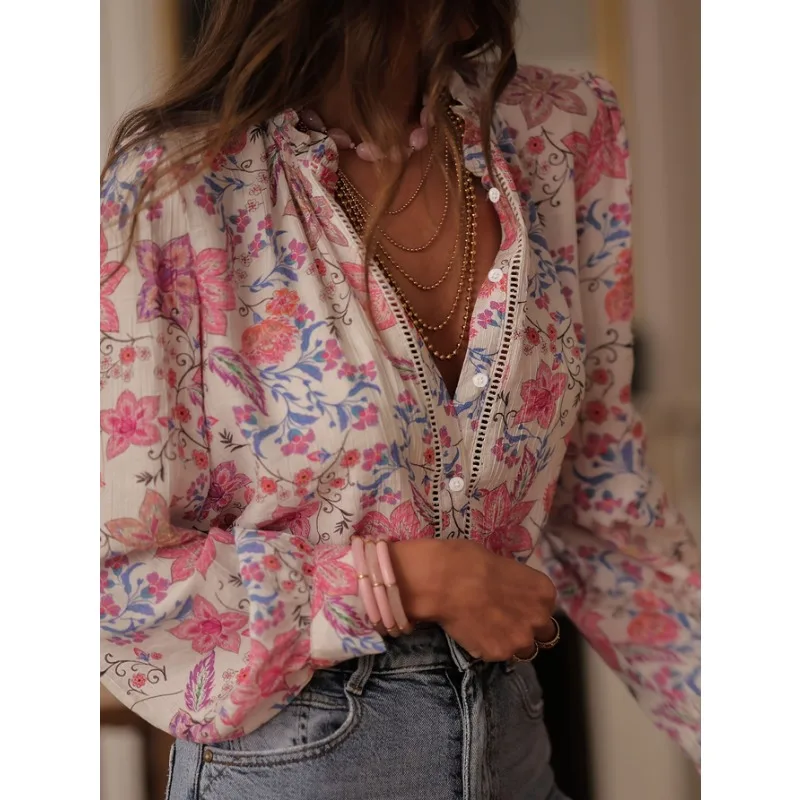 

Богемная блузка с цветочным принтом и V-образным вырезом, с кружевной отделкой, длинными рукавами, свободного кроя, повседневная, для отпуска