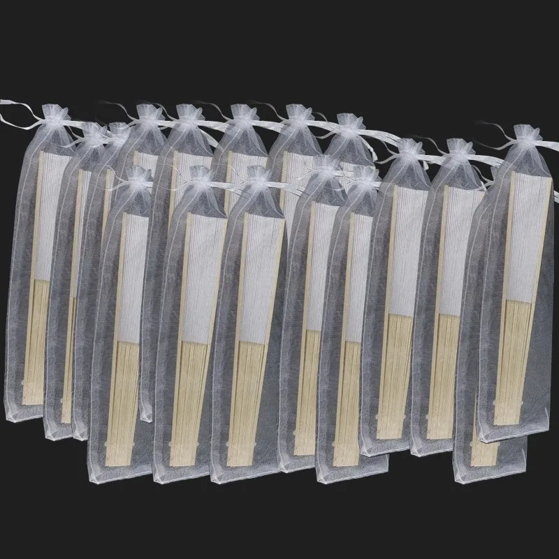25pcs White Paper Fans with Organza Drawstring Pouches Bamboo Hand Fans for Wedding Guests Party Favors Bridal Shower Decor Gift