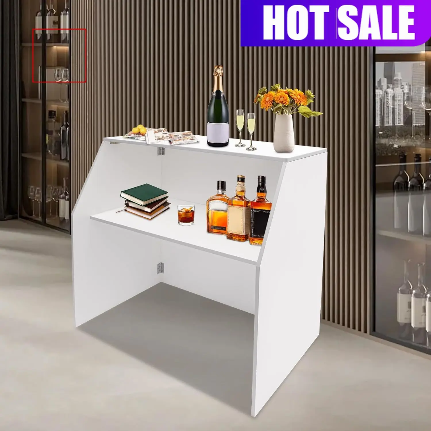 White Foldable Mobile Bar Cabinet Portable Reception Desk Laminate Liquor Bar for Home Kitchen Dining Living Room Parties Events