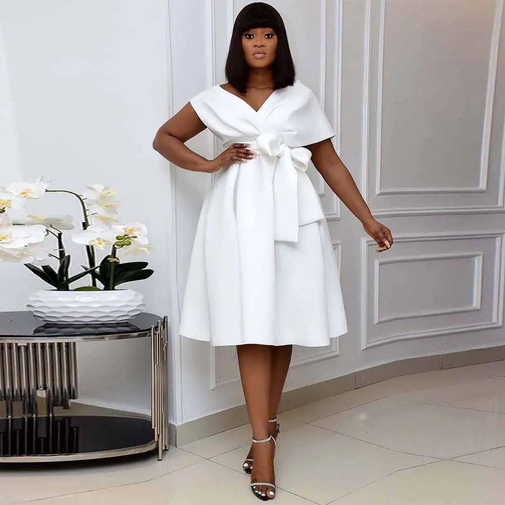 

Classy Plus Size Dresses For Occasions Jersey A-line Wedding Party Dress White V-neck Bow Ruched Midi Wedding Dress 2025