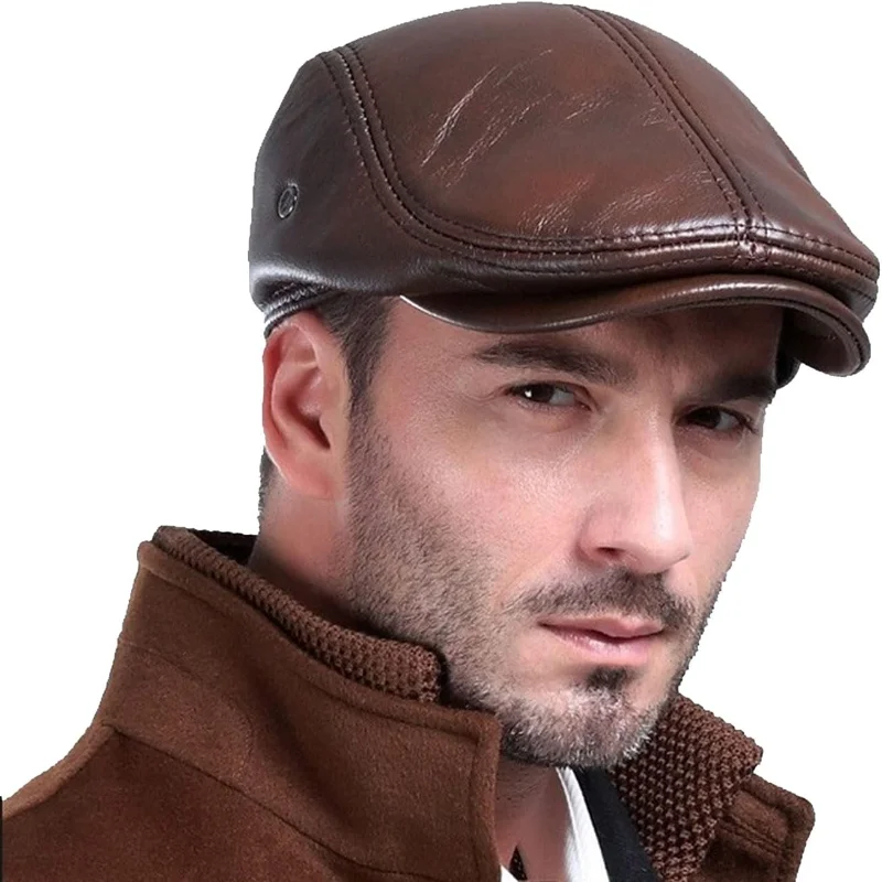 100% Cowhide Genuine Leather Men\'s Berets Ear Protection Cap Classic Casual Hat Best Gift for Dad Husband Boyfriend