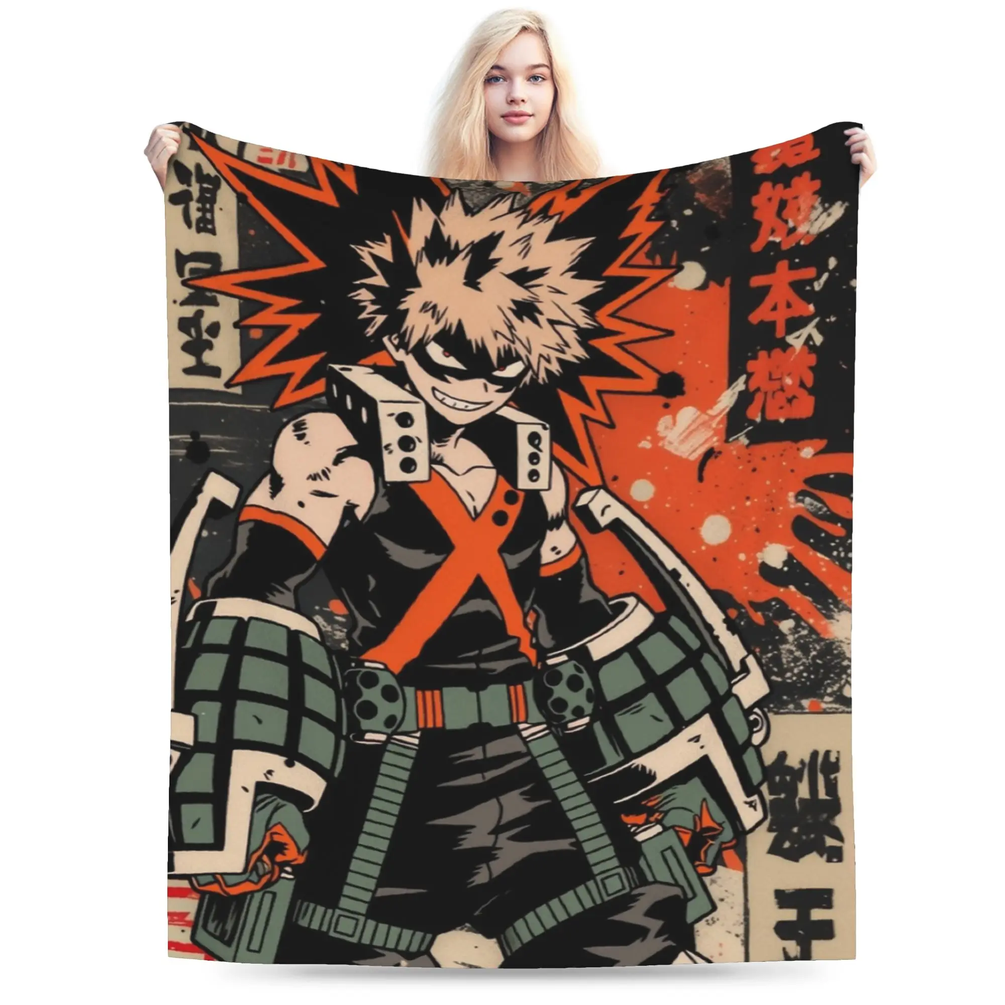 Katsuki Bakugo Vintage Grunge Warned Poster Blanket Fleece Autumn/Winter Warm Throw Blankets for Bedding Outdoor Bedding Throws