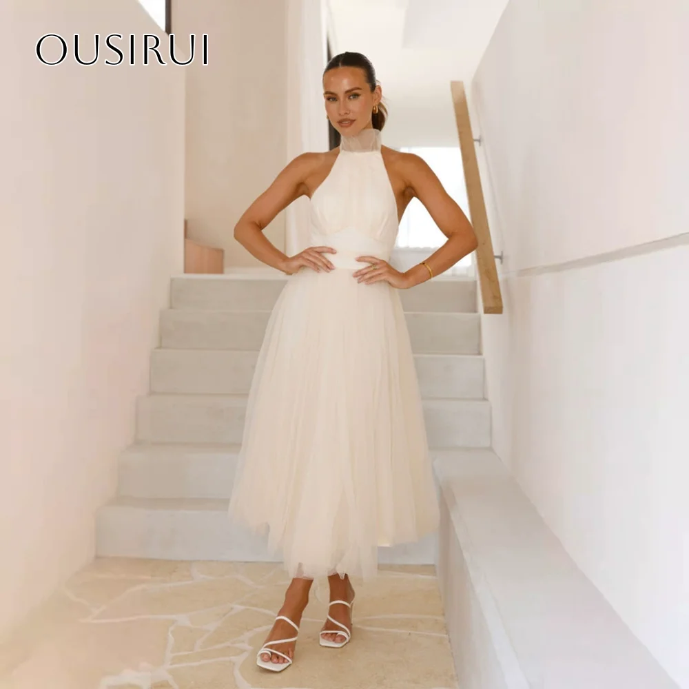 

Halter A-line Short Homecoming Gowns Sleeveless Tulle Tea Length Party Wear Customized vestido corto elegante