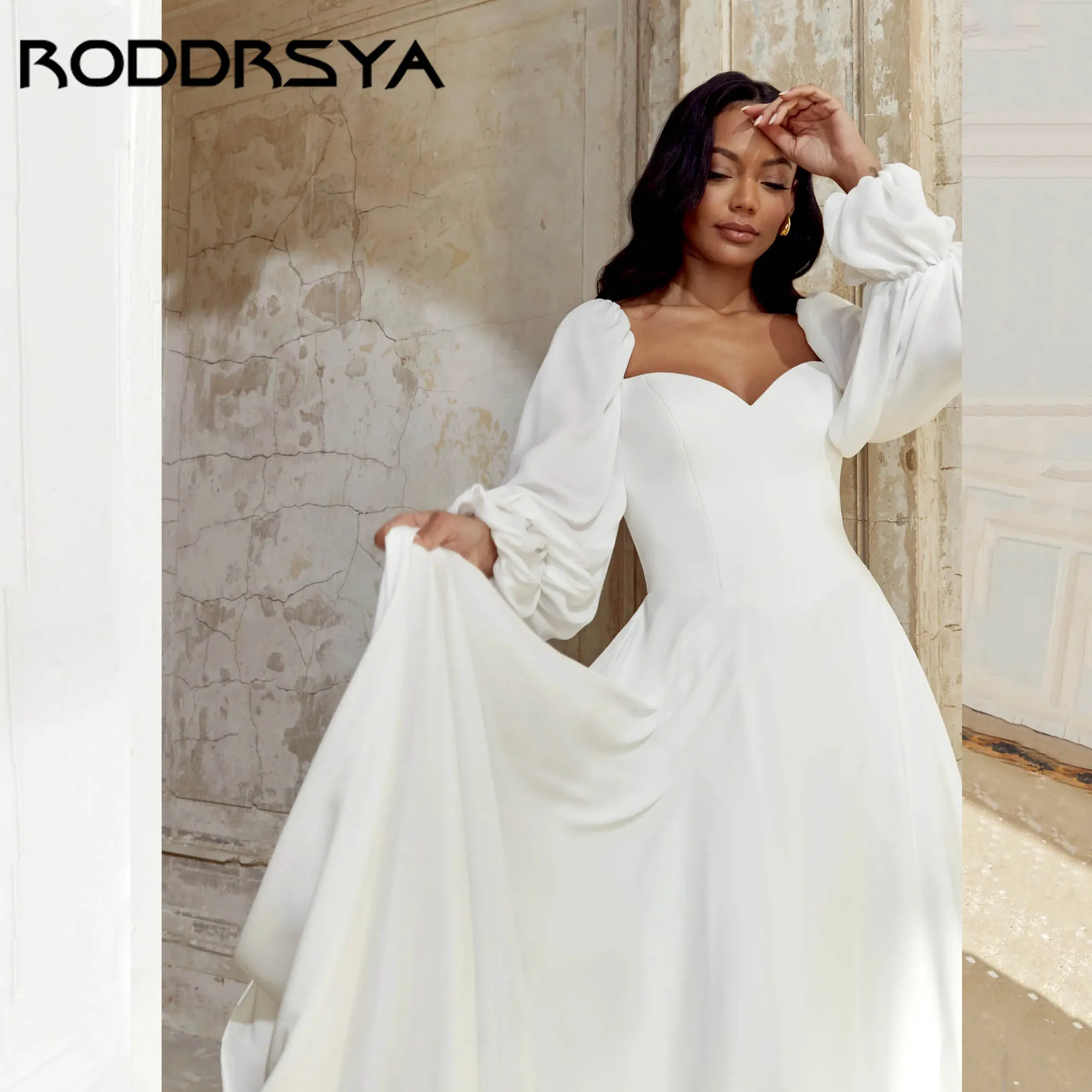 RODDRSY minimalisme en mousseline de soie a-ligne robe de mariée chérie manches longues bouffantes robe de mariée Simple dos nu robe de mariée personnalisée