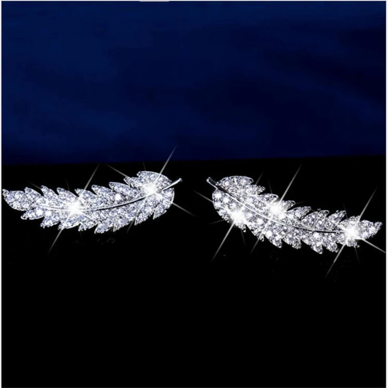 Luxury Feather Ear Climbers Cuff Earrings for Women Fashion Crystal Diamond Wedding Earring Party Jewelry Gift Pendientes Mujer