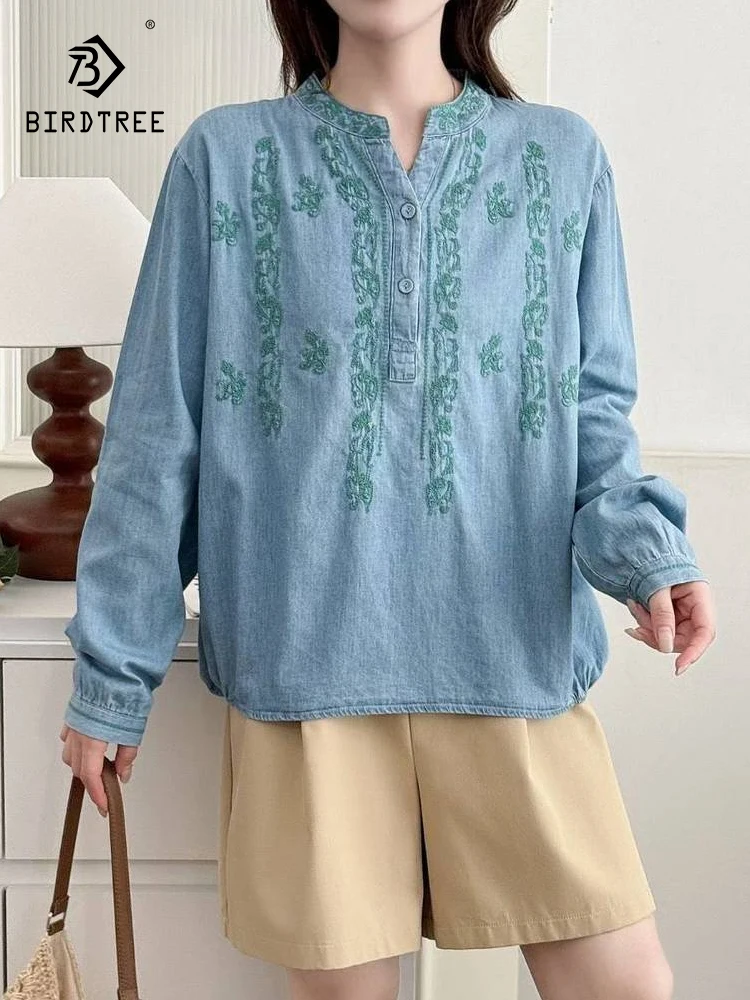 

Новая джинсовая рубашка с длинным рукавом весна 2026, женская, с V-образным вырезом, вышивкой и пуговицами, винтажный стиль Mori Girl, свободная блузка в японском стиле T61379CC