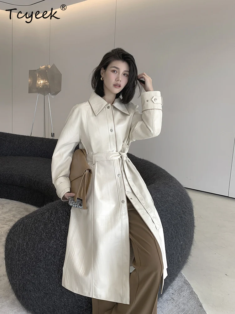 Tcyeek Echtes Schaffell Frühling Herbst Trendy Stehkragen Weiße Krawatte Lange frauen Echtes Leder Jacke Ж Ett Mohamedyddydd Mohamed