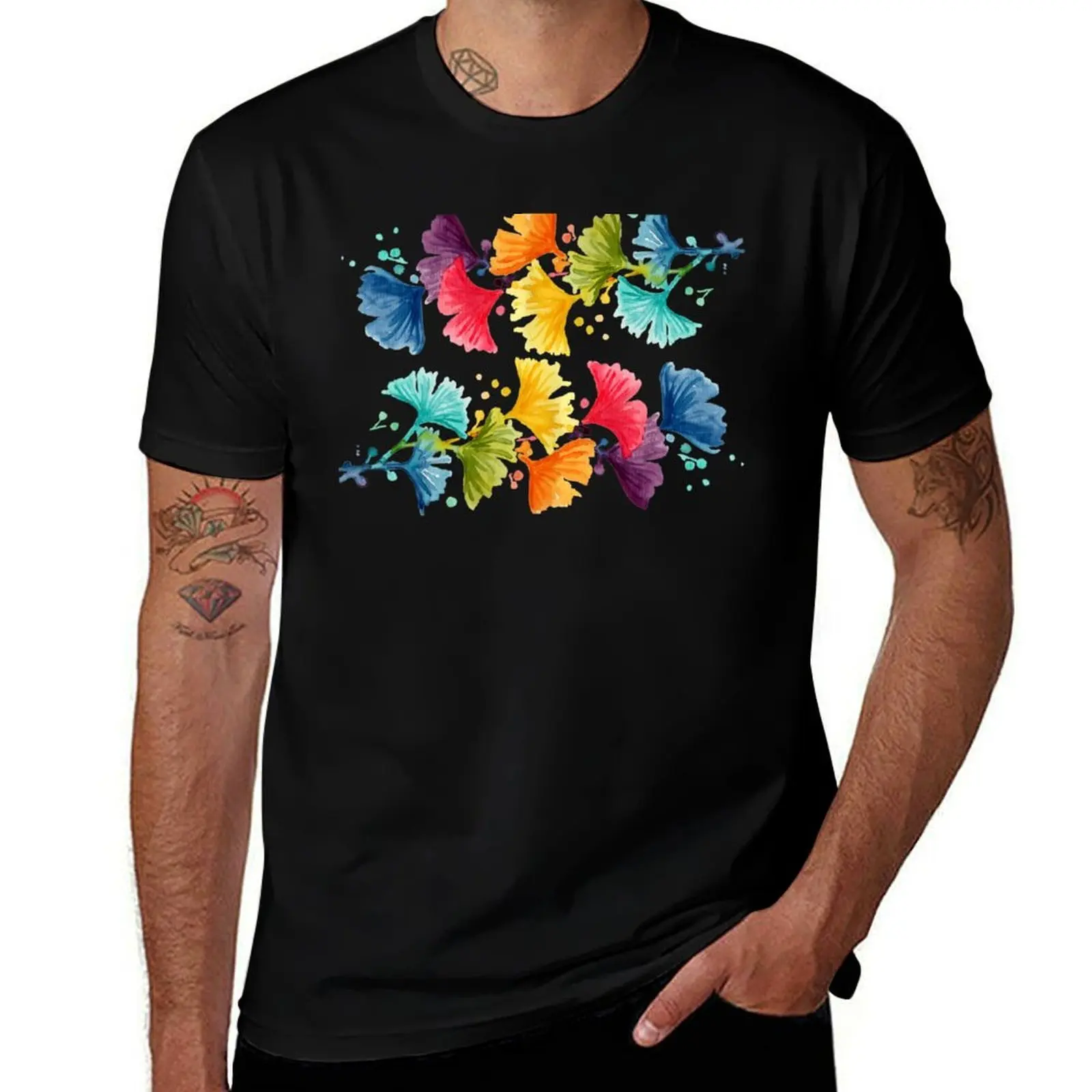 rainbow watercolor ginkgo leaves T-Shirt Active Wear Sports T-Shirt for Men