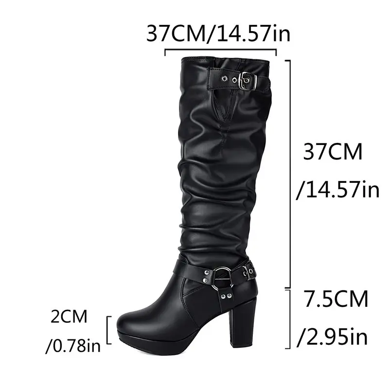 REAVE CAT Women Knee High Boots Round Toe Chunky Heels 7.5cm Platform 2cm Slip On Decoration Size 44 45 Party Booty