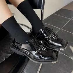 Retro British Style Thick Sole Patent Leather Shoes Women Black Square Head All-Match Niche Design Lace Up Metal Decor Shoes